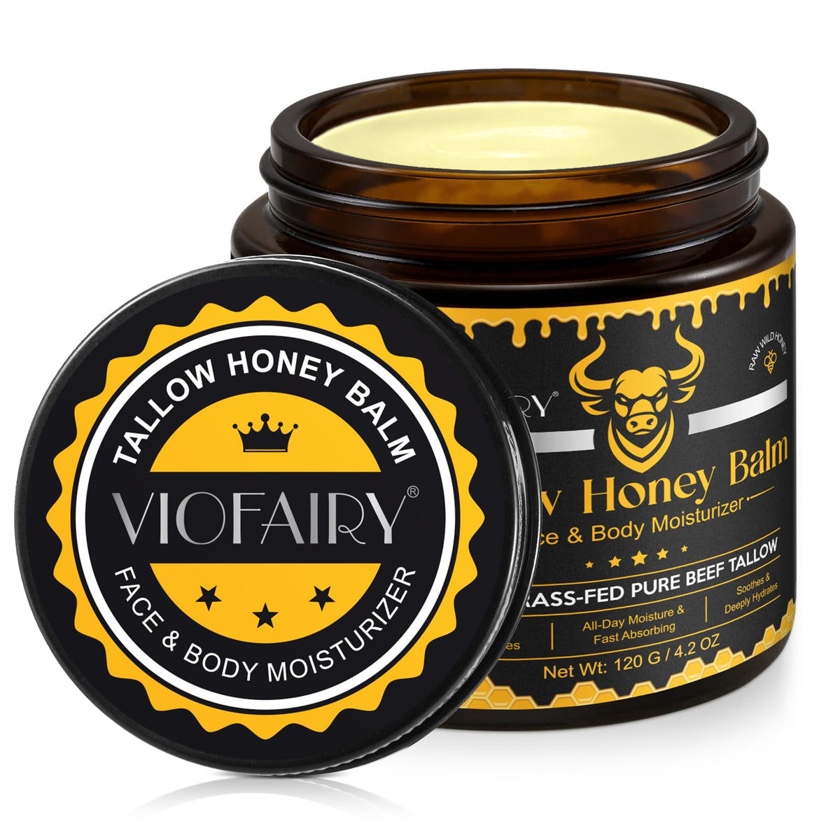 Beef Tallow for Face & Body - 100% Organic Grass-Fed Beef Tallow & Raw Wild Honey - Moisturizing Cream for Soft, Smooth Skin- Light Scent,