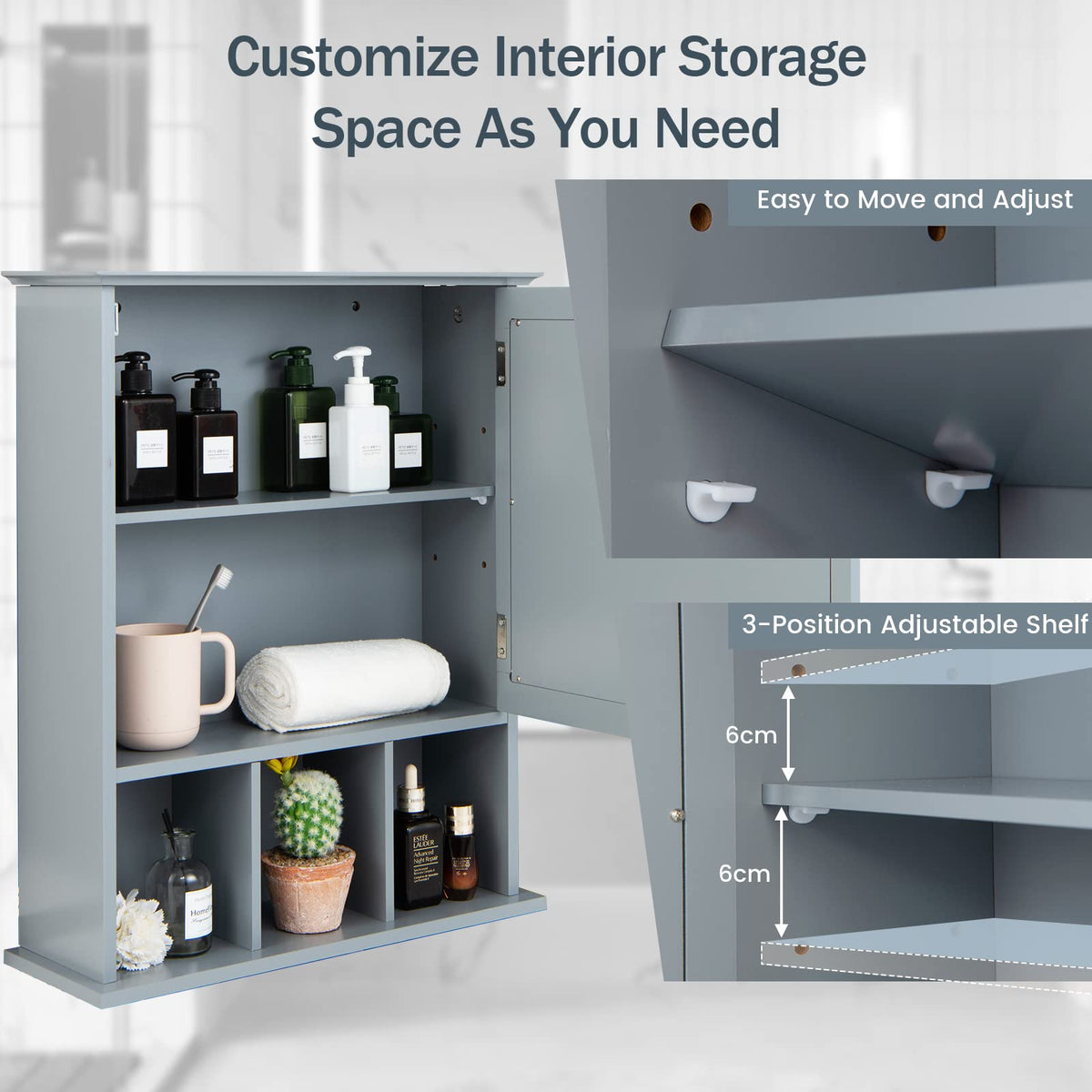 CASART Wall Mounted Bathroom Cabinet, Single Door Storage Mirrored Cupboard with Adjustable Shelf and 3 Open Compartments