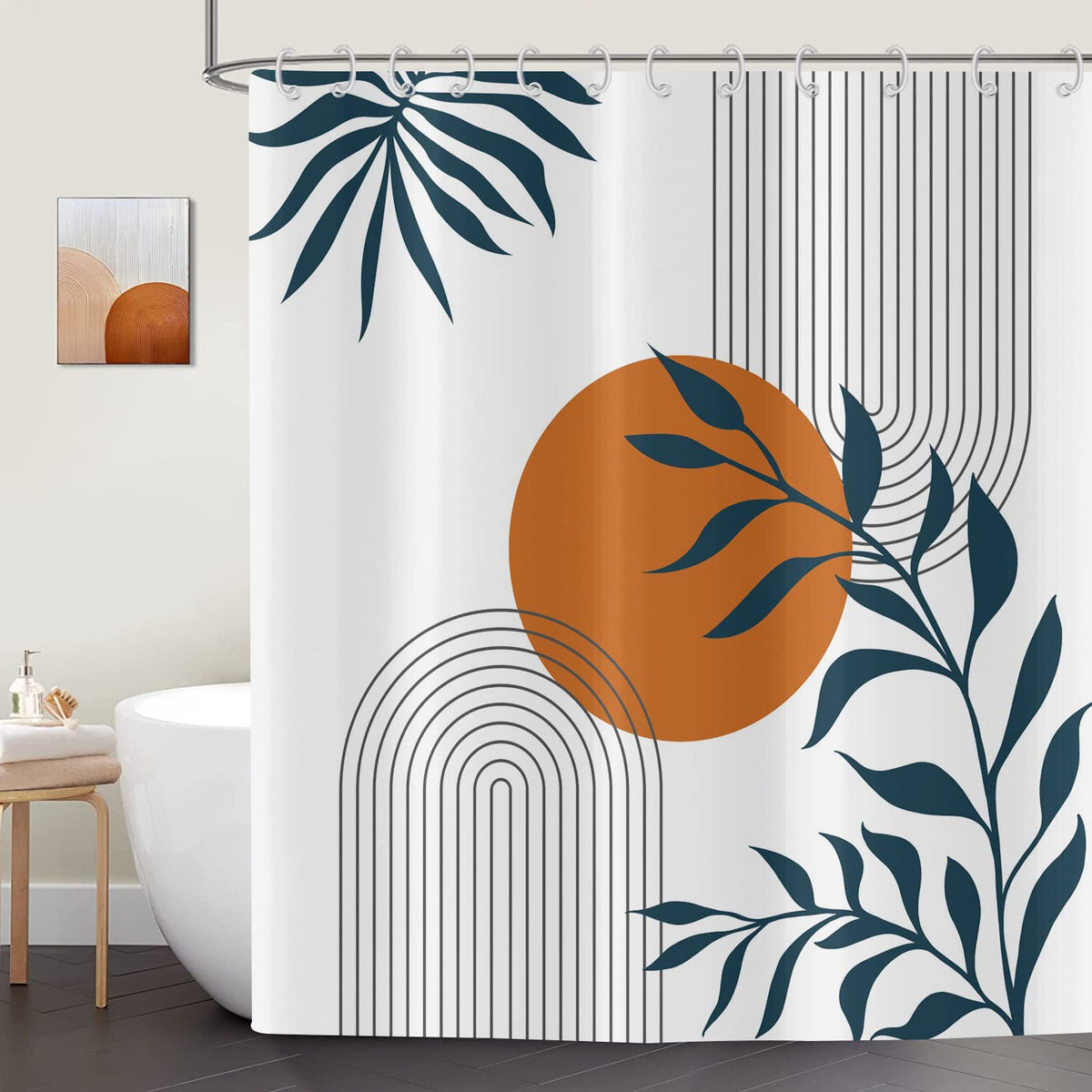 ASDCXZ Shower Curtain 180x200 cm Boho Style, Modern Abstract Art Sun Leaves Lines White Bath Washable Shower Curtains Polyester Textile Waterproof