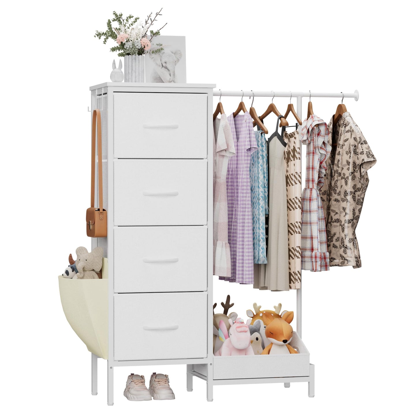 Chest of Drawers with Retractable Hanging Rail and 4 Fabric Drawers