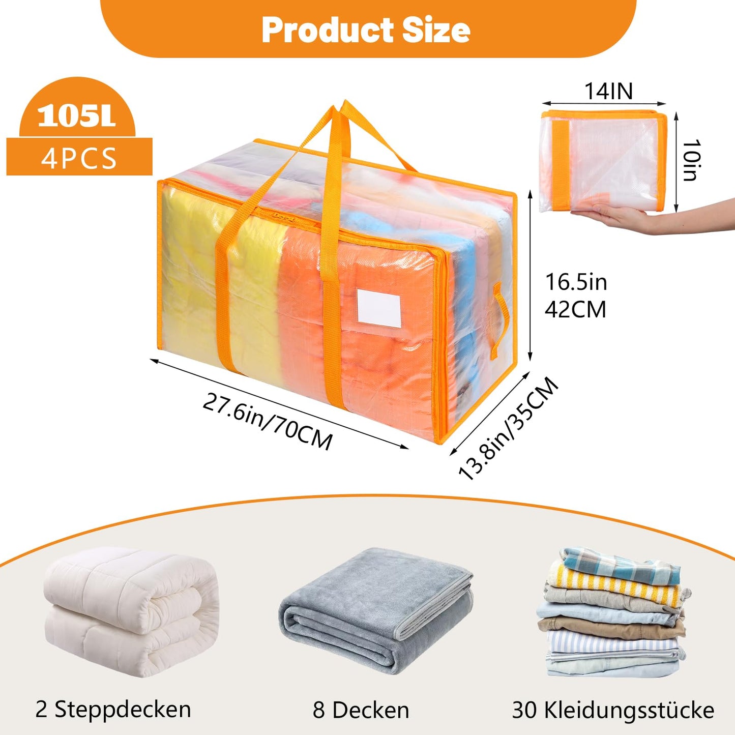 Dntorx 4 Pack 105L Moving Bags Clothes Storage Bags Drom Packing Box, Orange
