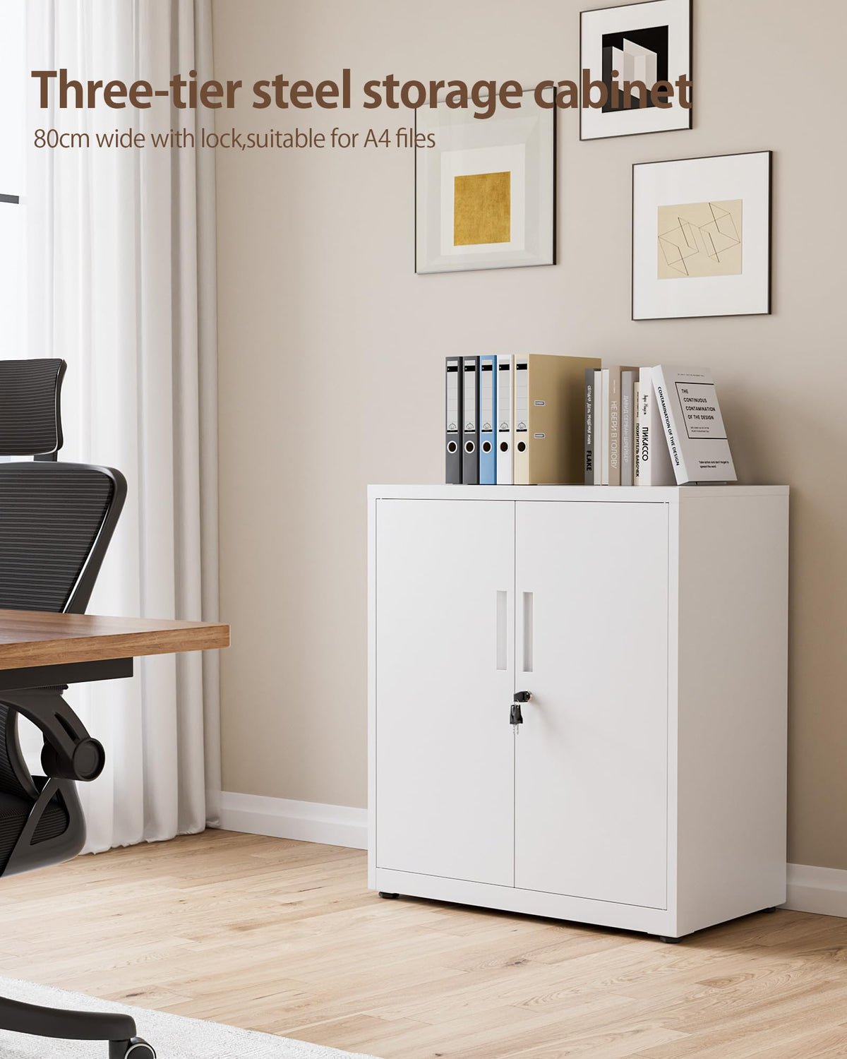 LAND·VOI Steel Storage Cabinet, 3-Tier Lockable Cabinet with Adjustable Shelves, Double-Door Cupboard Storage, For Home, Office Storage, 40×80×91.5cm