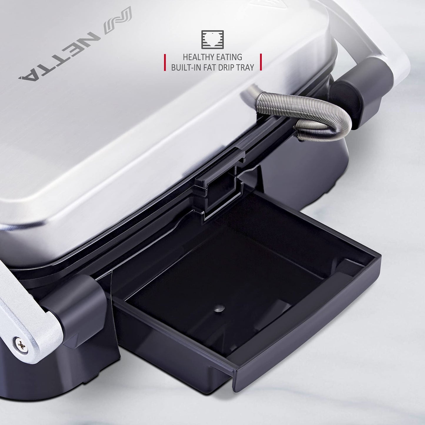 NETTA Panini Maker & Health Grill - Sandwich Toaster, Panini Press - 2 Slice Non-Stick Grill Plates  Built-In Fat Tray - 1500W - Stainless Steel