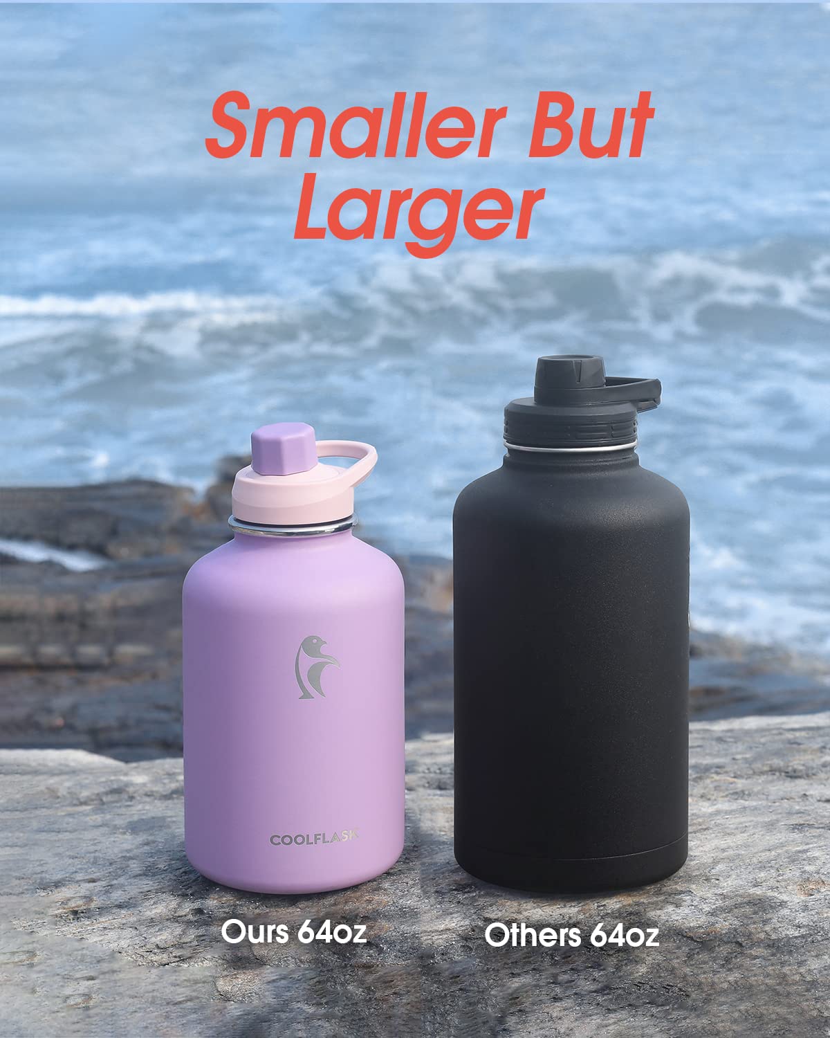 Coolflask 2L/64oz Water Bottle Insulated with PU Leather Sleeve, Stainless Steel Water Bottle Color Contrast with Straw Lids, Half Gallon Metal Water