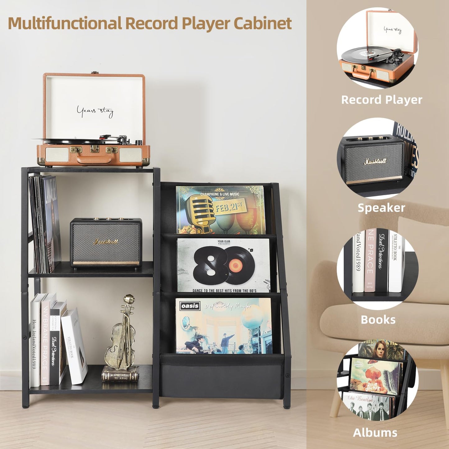 Bikoney Record Player Stand, End Table with 3-Tier Vinyl Record Storage, Record Player Table Up to 200 Albums, Turntable Stand for Vinyl Records,