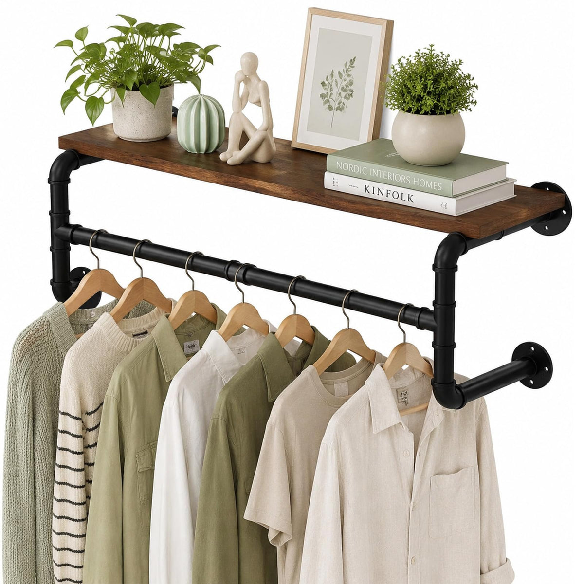 NBOUOU Wall Mounted Clothes Rail, 70cm Industrial Pipe Clothing Rack, Heavy Duty Clothes Rail with Top Shelf, Shelves Clothes Hanging Rails