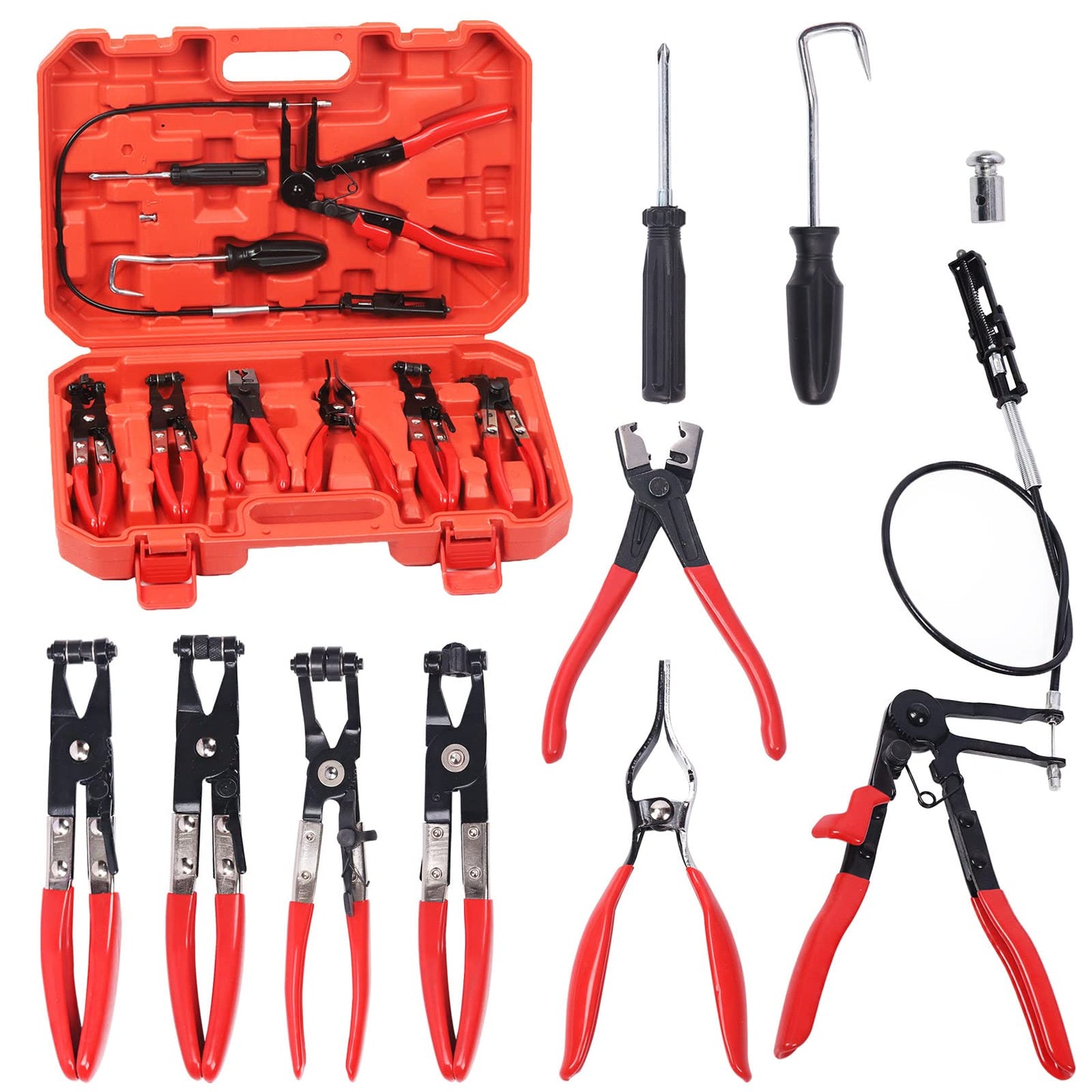 Glarks 9Pcs Red Flexible Hose Clamp Pliers Set, Long Reach Spring Wire Clip Plier Hose Clamp Pliers Remover Kit for Replacement of Fuel, Oil, Water