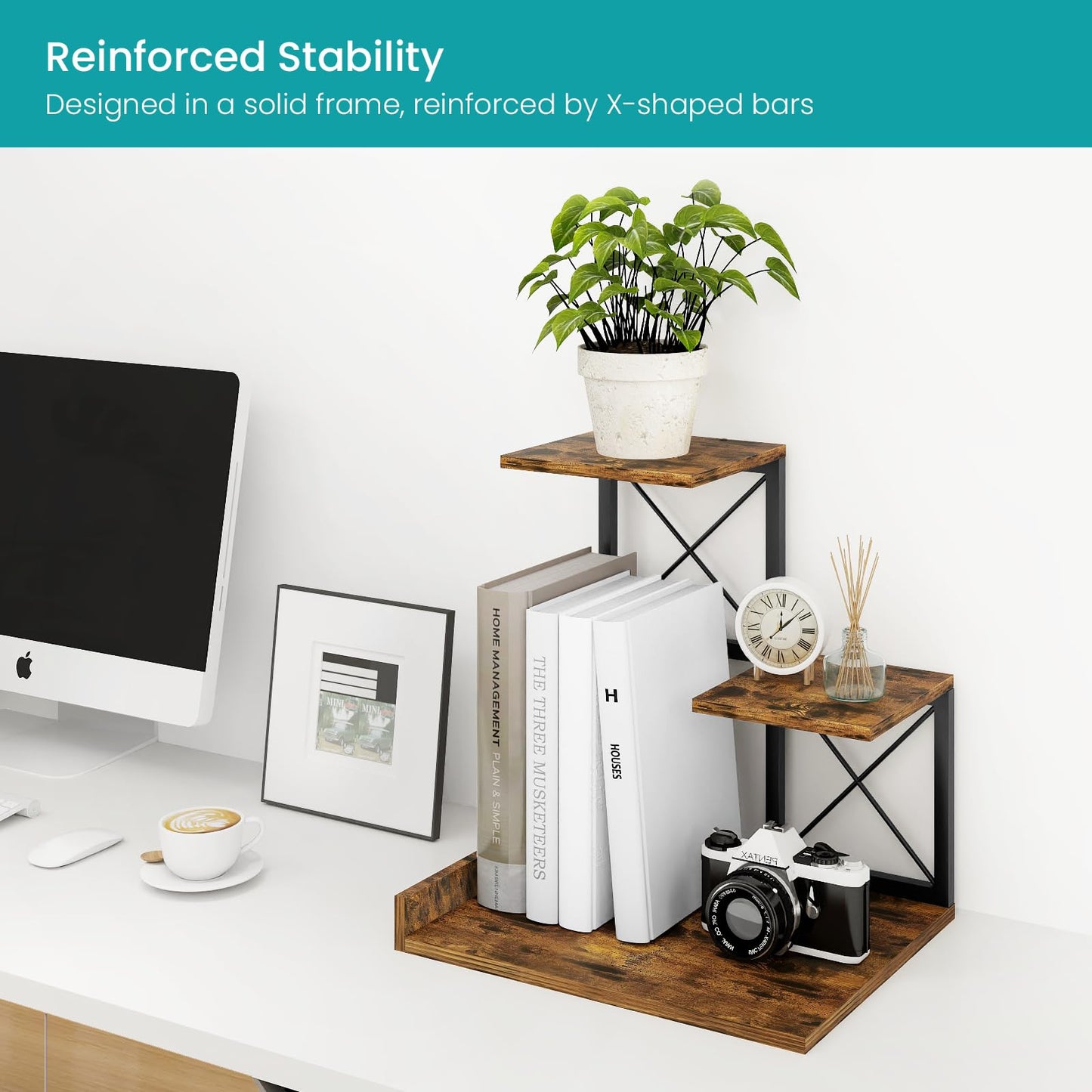 ELITEROO Desk Shelf Organizer, Wood Desktop Organizer Small Bookshelf, 3 Tier Storage Shelf Riser Display Stand for Office Decor and Desk Accessories