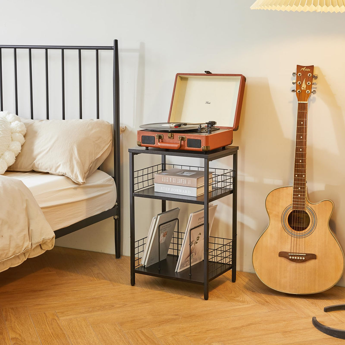 YMYNY 3 Tier End Table, Record Player Stand with Storage, Industrial Tall Side Table, Small Bookshelf, Bookcase, Display Rack, Telephone Table for