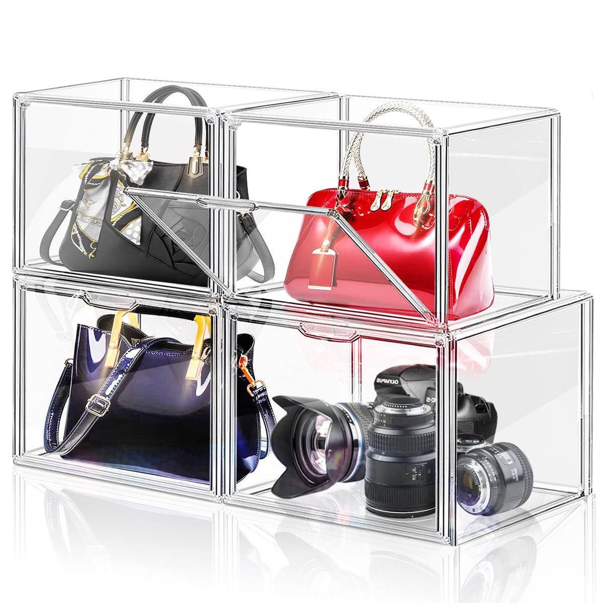 LINYAPRY Set of 4 Plastic Purse Storage Organizer for Closet, Acrylic Display Case for Purse and Handbag, Stackable Storage Boxes Organizer with