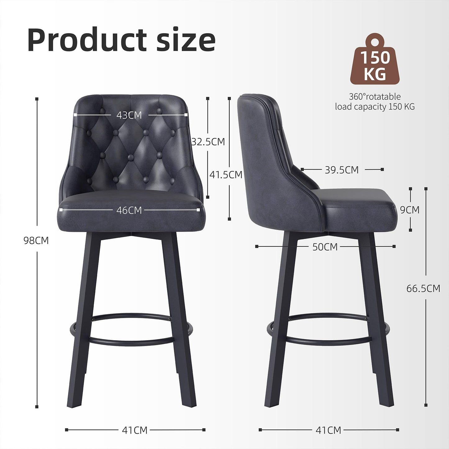 Youhauchair Bar Stools Set of 2, Waterproof PU Leather, Black