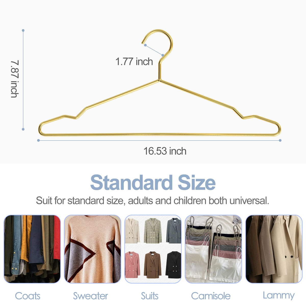 SPECILITE 42cm Gold Metal Hangers Bulk 30 Pack with Notches for Standard Size Coats, Shirts, Suits, Pants, Heavy Duty,Space Saving