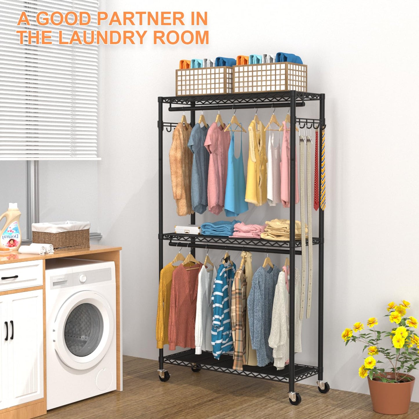 VyGrow Clothes Rail, Clothes Rack for Hanging Clothes, 3 Tiers Adjustable Garment Rack with Wheels, Double Rods, Side Hooks, Heavy Duty, Black