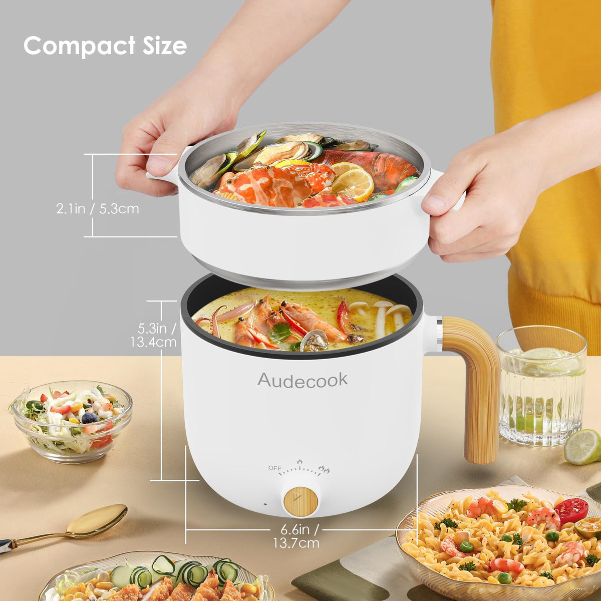 Audecook Electric Hot Pot with Steamer, 1.5L Portable Non-Stick Mini Multifunctional Cooker, Shabu Hot Pot, Electric Skillet with Dual Power Control