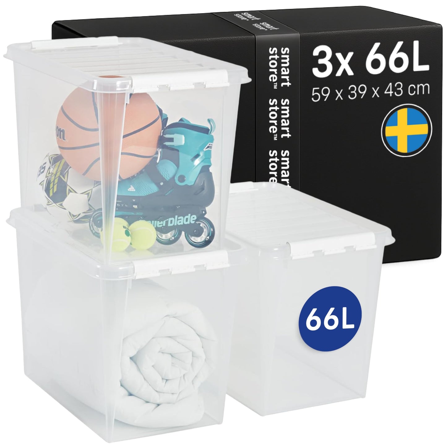 SmartStore - 3x Plastic Storage Box with Lid Classic 66L (59x39x43cm) |Plastic Storage Drawers with Lid|Food-Safe Material|Kitchen &