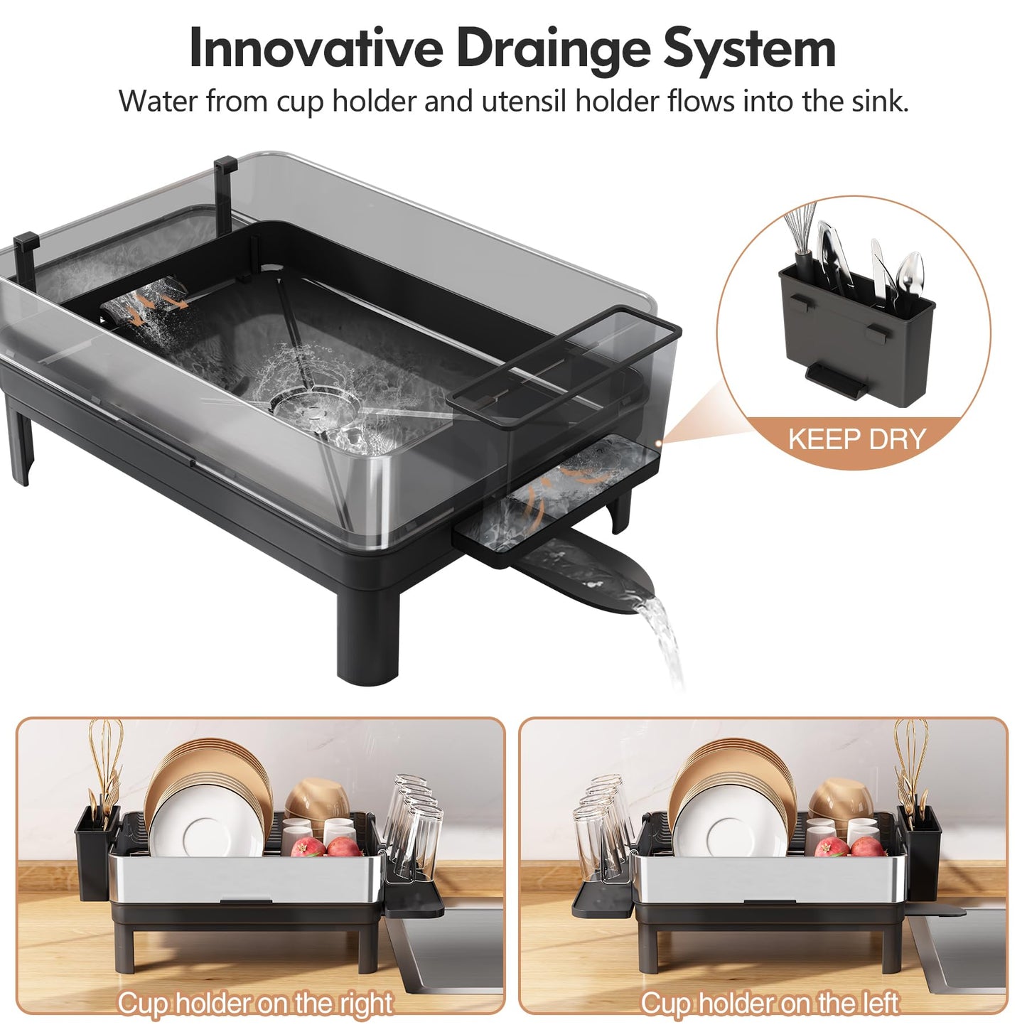 romision Dish Drainer Rack with Drip Tray, 304 Stainless Steel Large Dish Drying Rack for Kitchen Sink of Big Family, Plate Draining Board Rack with
