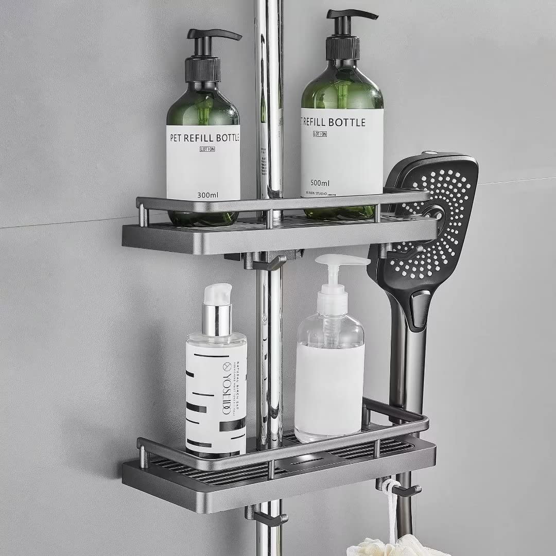 Hoomtaook Shower Caddy no Drilling Hanging Shower Shelves Shower Accessories Holders with 2 Hooks and Shower Head Hook for Suit [21mm-25mm] Rail 2