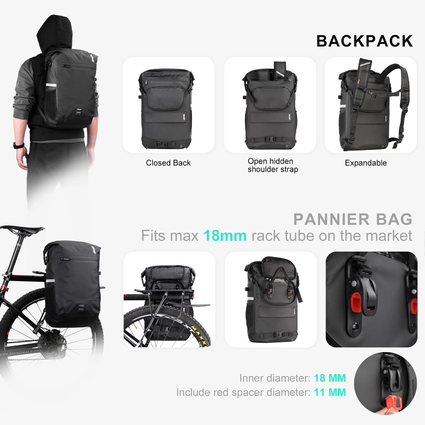Rhinowalk Bike Pannier Bag Waterproof 22L Bicycle Rear Rack Trunk Bag for Cycling Bicycling Traveling Riding