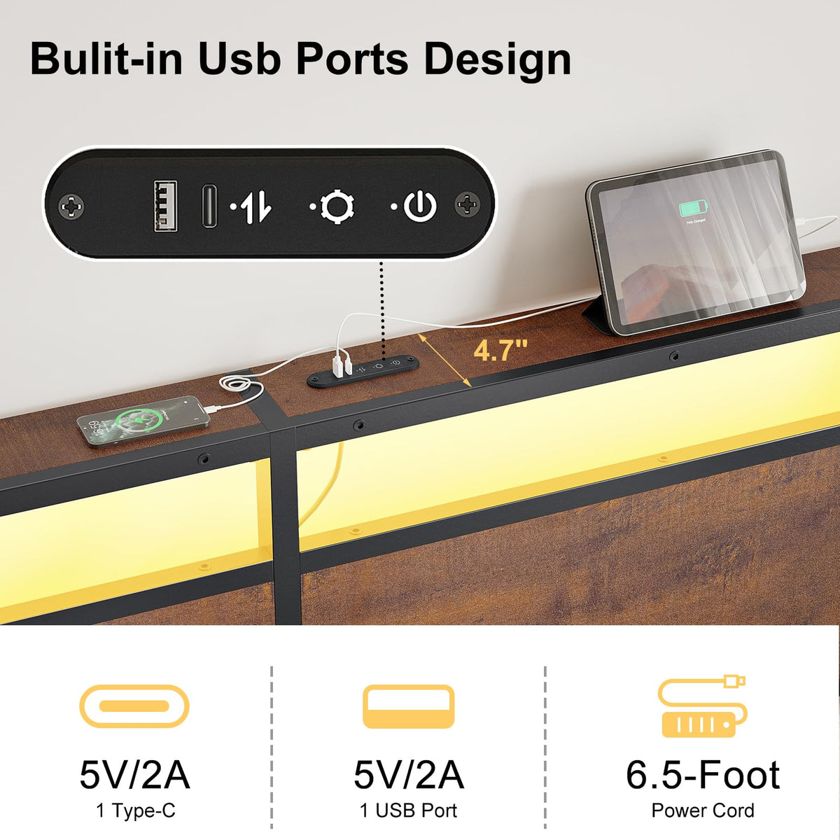 Mossora Double Bed Frame with LED Headboard & Charging Station 135 * 190cm