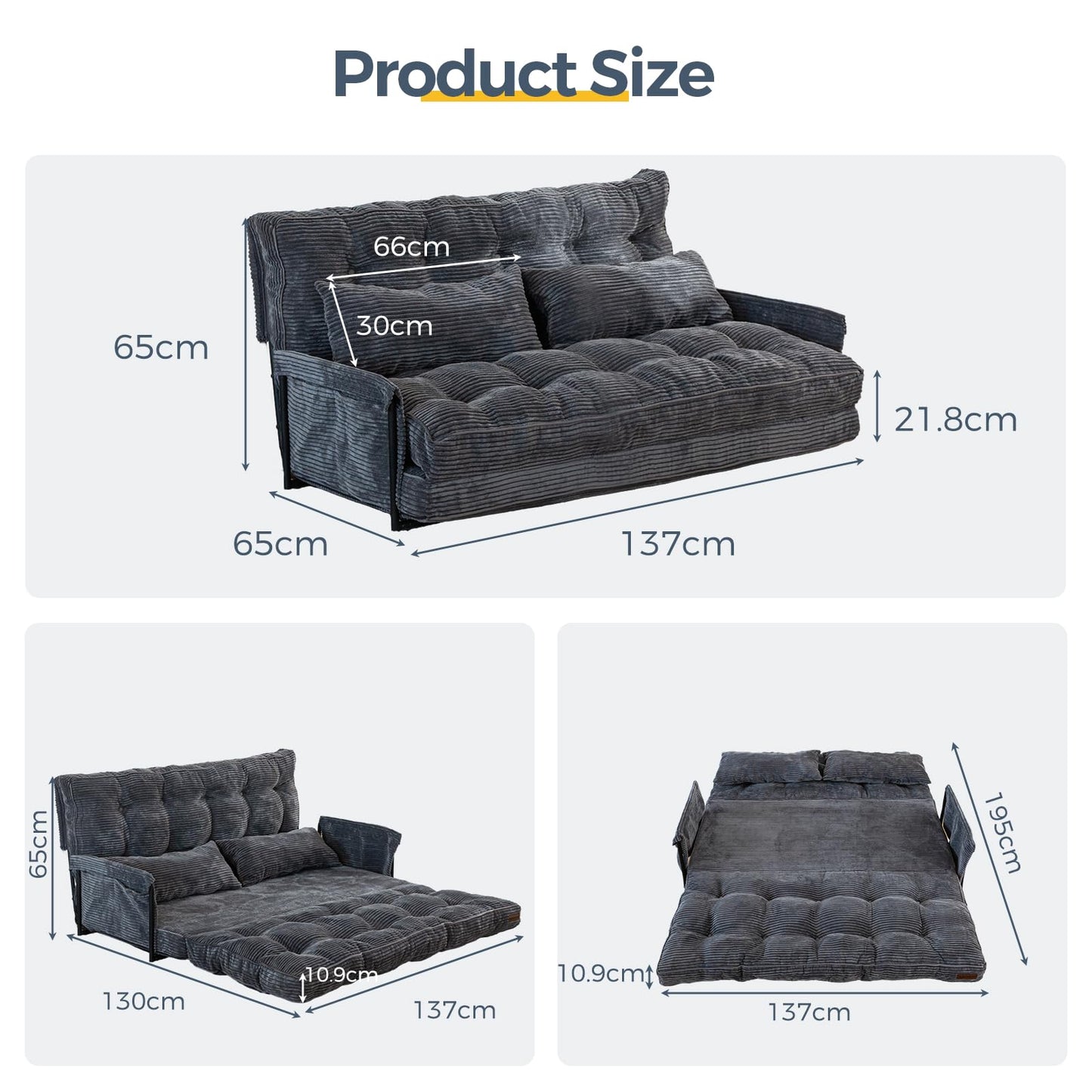 MAXYOYO Adjustable Floor Sofa Couch with 2 Pillows, Multi-Functional Bean Bag Bed, 5-Position Foldable Lazy Sofa Sleeper Bed with Armrest