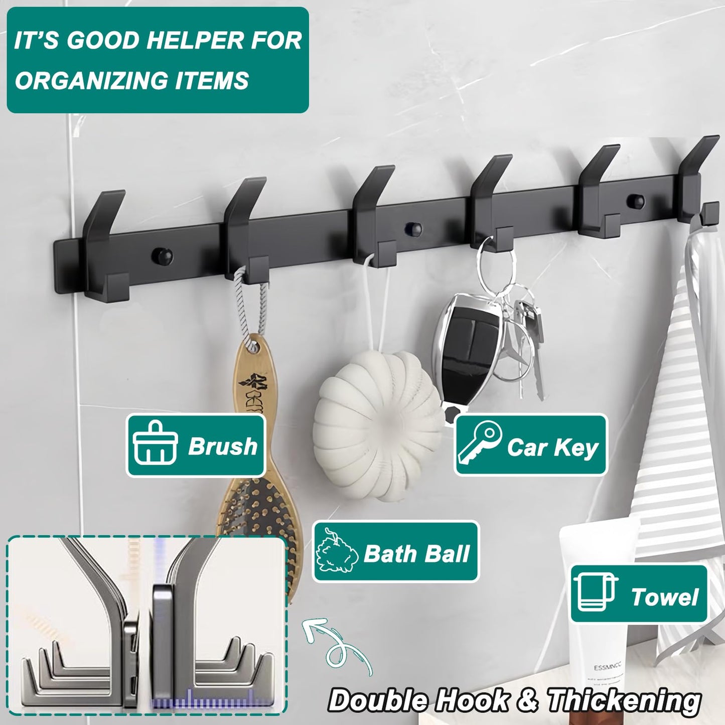 QMAHA Coat Hooks Wall Mounted, Heavy Duty Coat Racks With 6 Hooks, Modern Hanger Rack for Hanging
