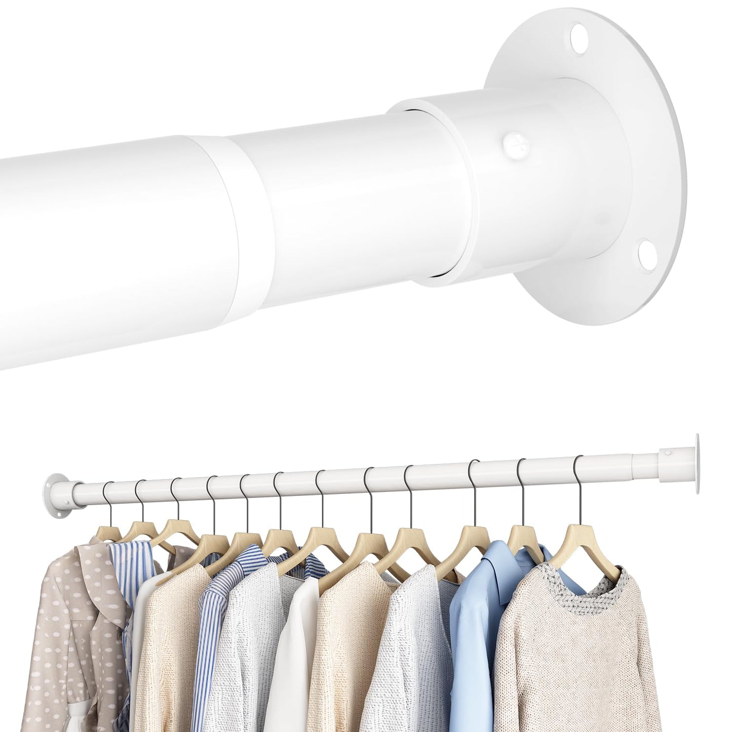 Wardrobe Rail, Extendable Clothes Rail, Adjustable Wardrobe Rail with Fixing Sockets and Screws for Wardrobe and Cloakroom, White