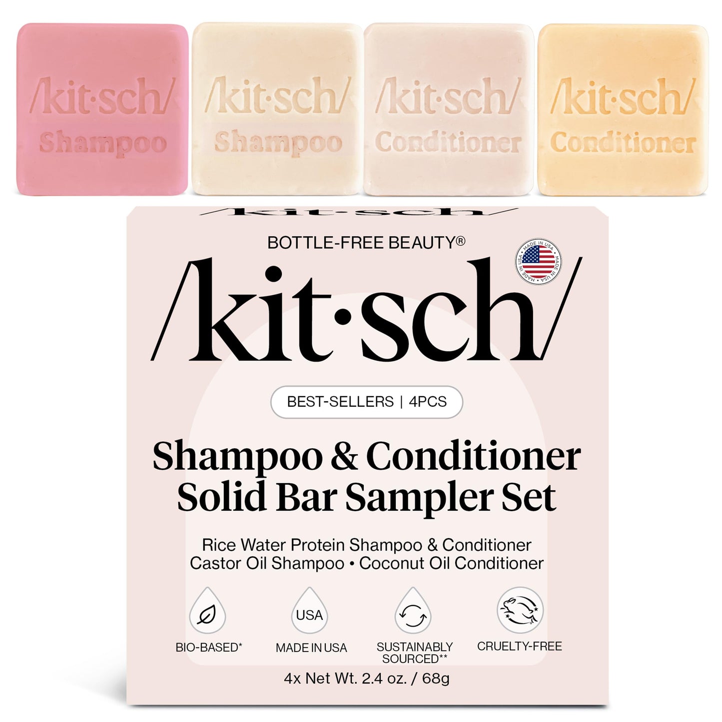 Kitsch 4pc Solid Shampoo & Conditioner Sampler Set ? Rice Water & Castor Oil Shampoo Bars, Rice Water & Coconut Oil Conditioner Bars ? Bottle-Free
