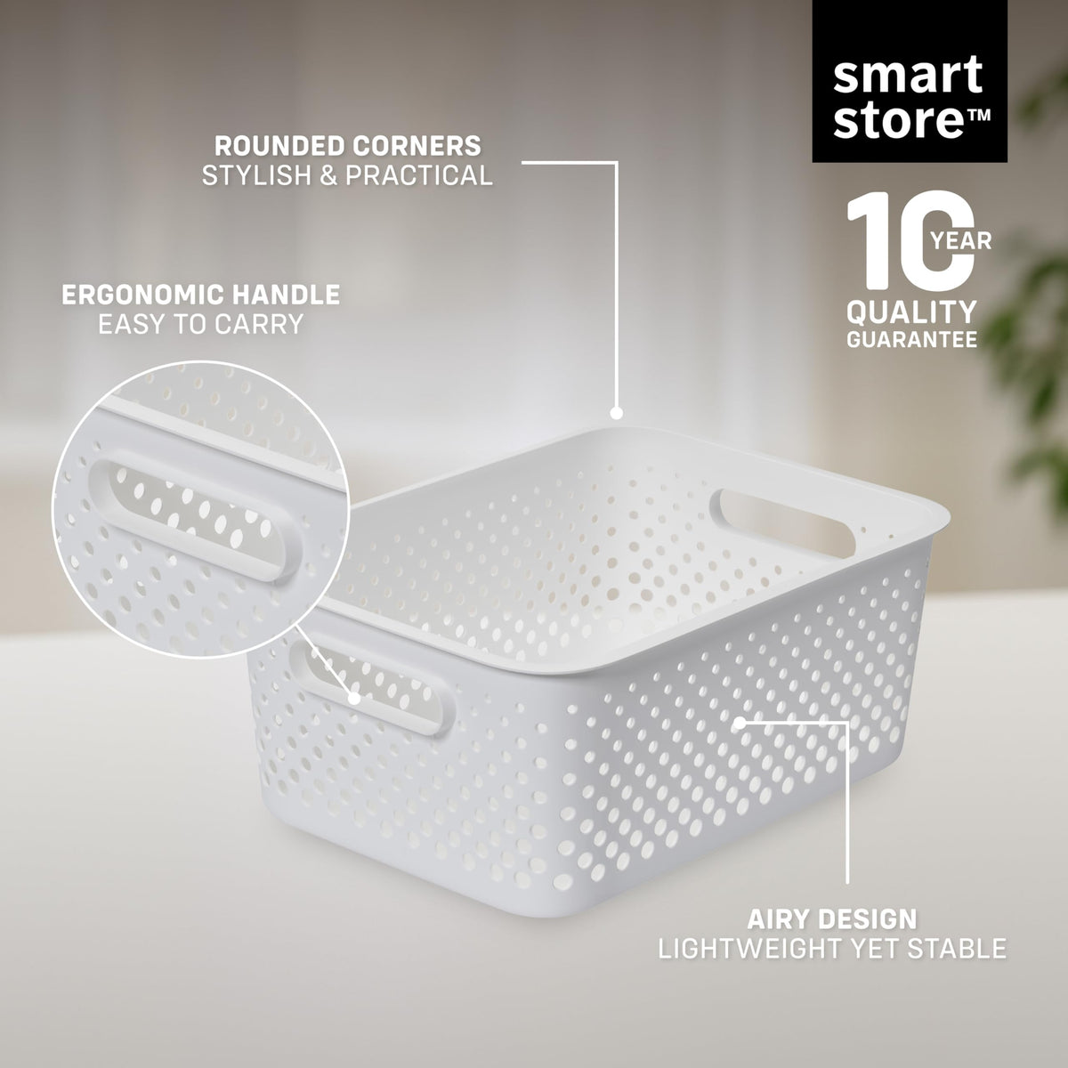 SmartStore Storage Basket with Handles in White 11.4L (36.5x27x15cm) | Plastic Storage Bin from Recycled Plastic