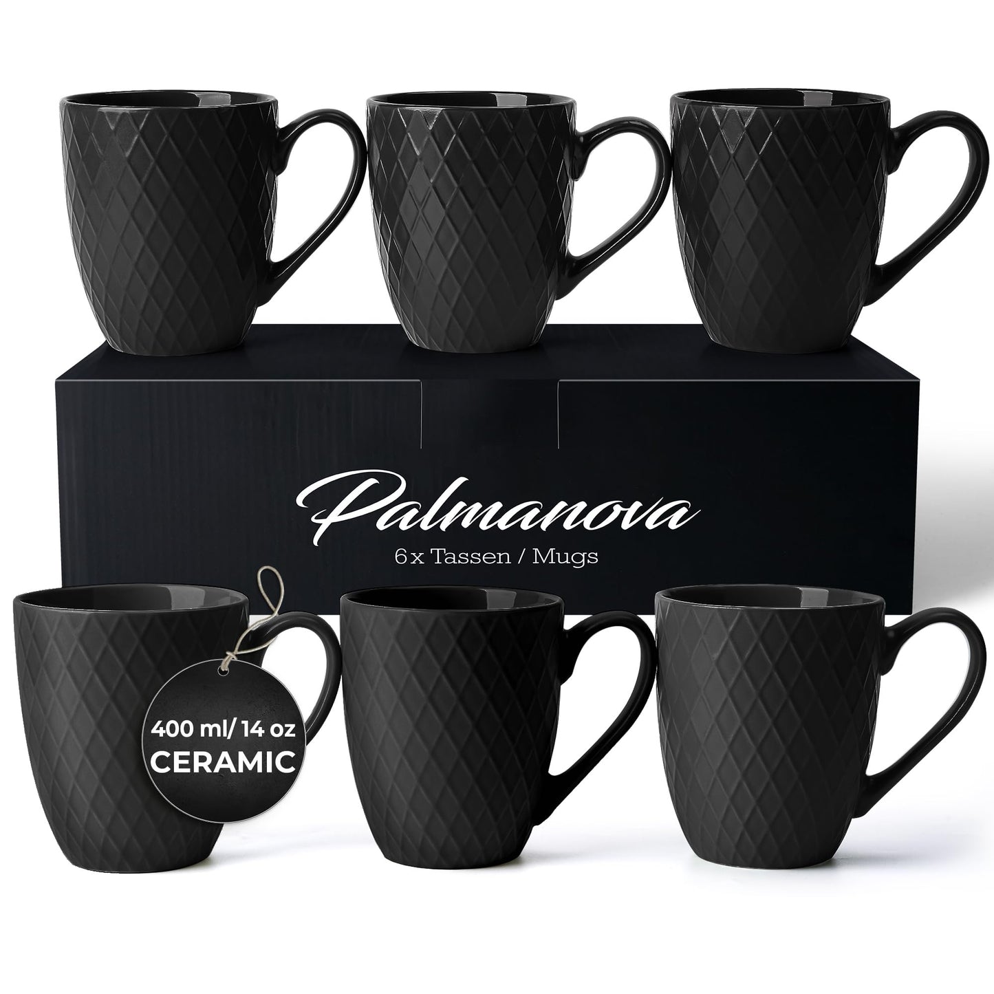 MIAMIO  6 x 400 ml  Coffee Mug Set/Mug - Modern Ceramic Mug Matt - Coffee Mug Large - Palmanova Collection (Black)