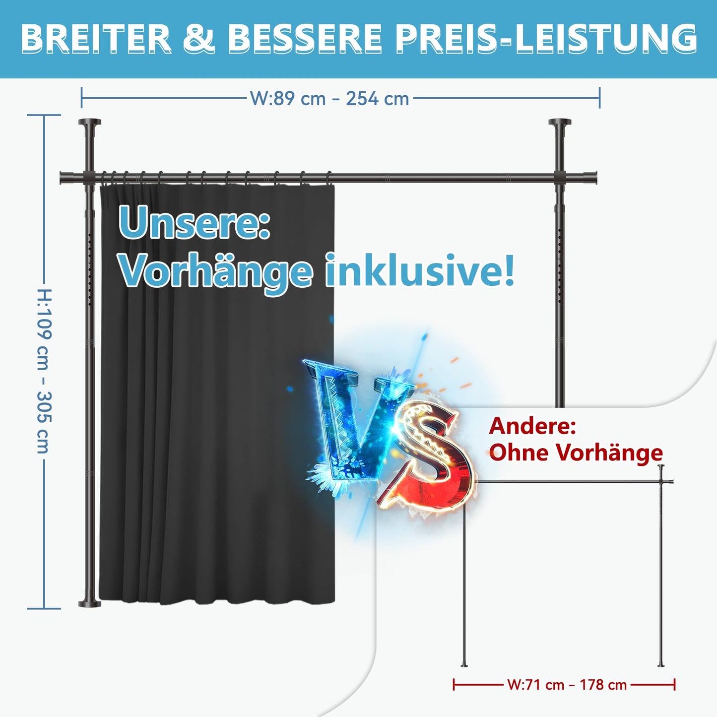 JILRON ROOM DIVIDER CURTAIN COMPLETE SET (1 BLACK CURTAIN: H 213cm x W 270cm POLE: H109-305cm x W89-254cm) Ideal for Rental Homes