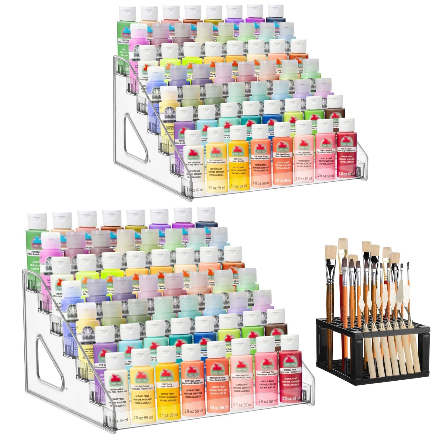 YEXEXINM 2 Pcs Acrylic Paint Organizer with Paint Brush Holder, 7 Layers Clear Paints Storage Rack Craft Colorant Holder Rack for Craft Hobby