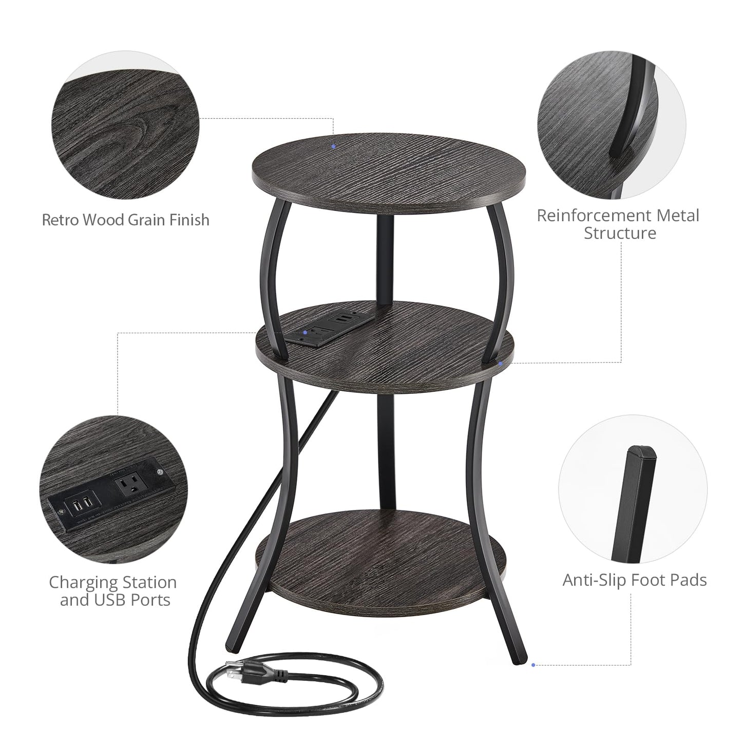 YEAKOO Bedside Table with Charging Station & 4 Sockets, Vintage Round 3-Tier End Table with USB Ports & UK Plugs