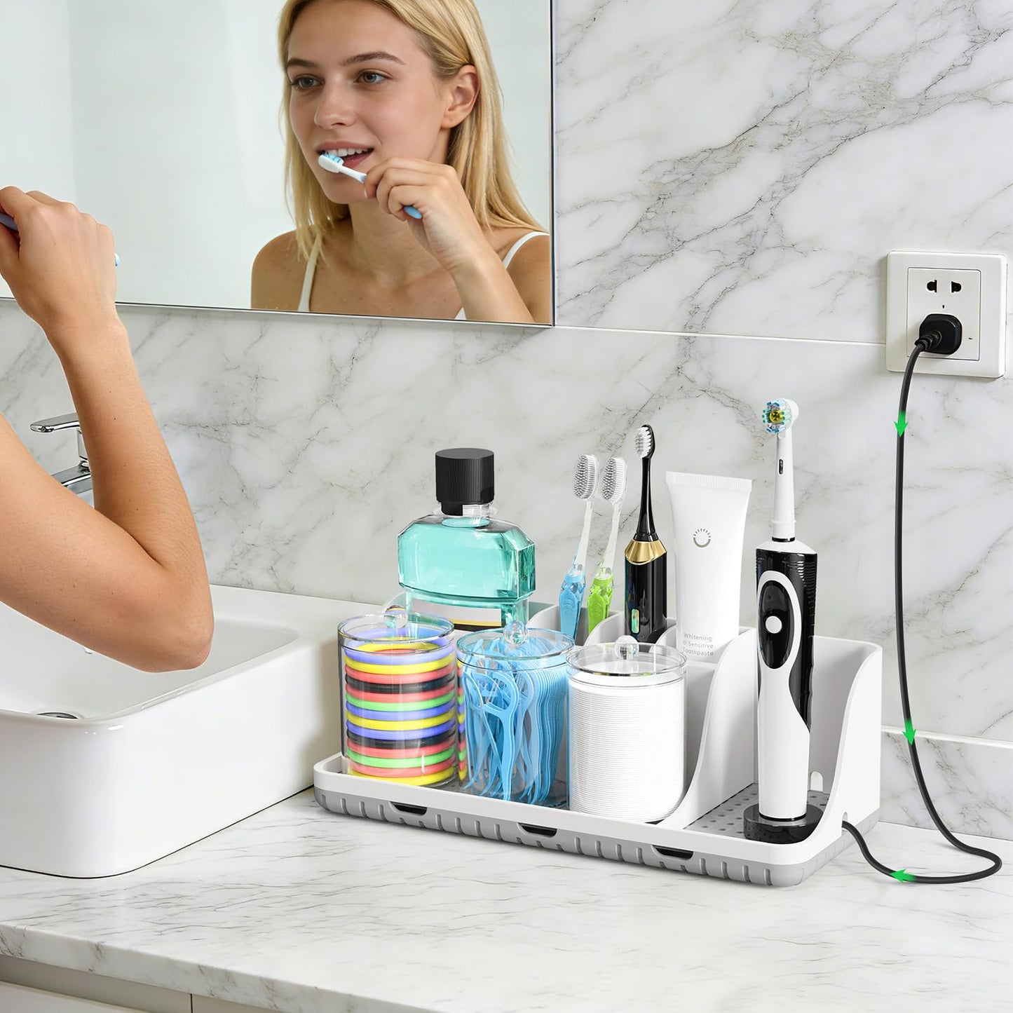 PARKMANI Toothbrush Holder for Bathroom Organizer Storage, Electric Tooth Brush Holder with 3 PCS Cotton Bud Holder, Bathroom Accessories for Family
