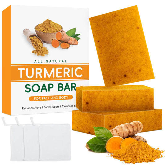 3PCS Turmeric Soap Bar, Kojic Acid Soap, Natural Handmade Bar for Body & Face, Acne Blackheads Dark Spot Remover for Even Skin Tone, Moisturizing