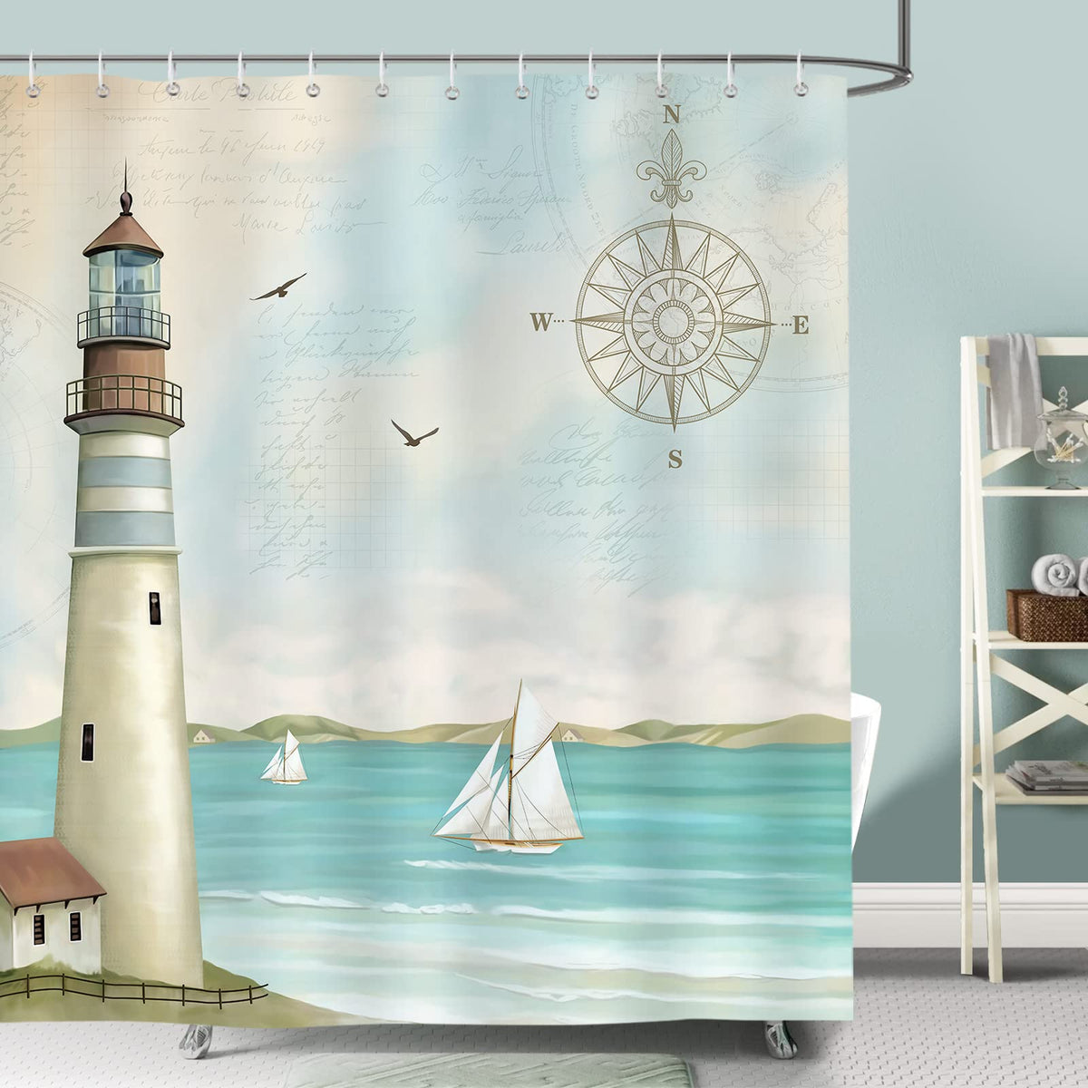 Bonhause Nautical Lighthouse Shower Curtain 180 x 180 cm Sailboat Compass Coastal Bathroom Curtain Waterproof Mildew & Mould Resistant Polyester