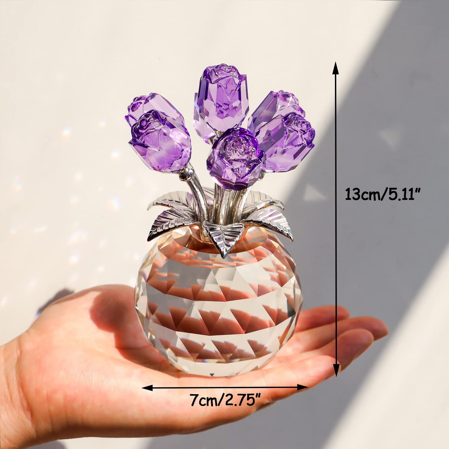 Crystal Purple Rose Bouquet Figurines Gifts for Women Valentine's Day, Glass Floral Ornament for Mother's Day Birthday Christmas Amethyst Collectible