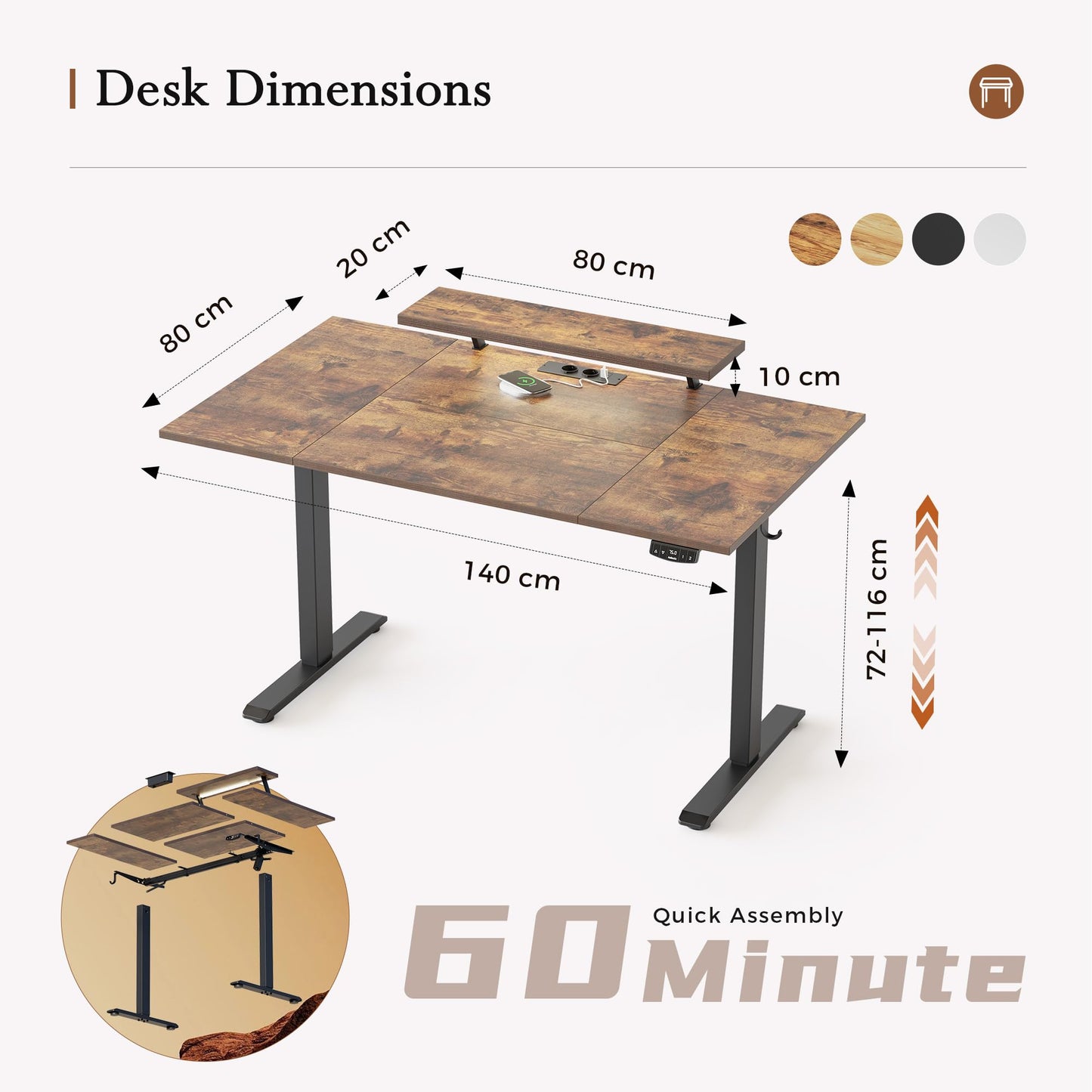 Klicelor Electric Standing Desk, Led & Plug, Movable Monitorstand, 140x80