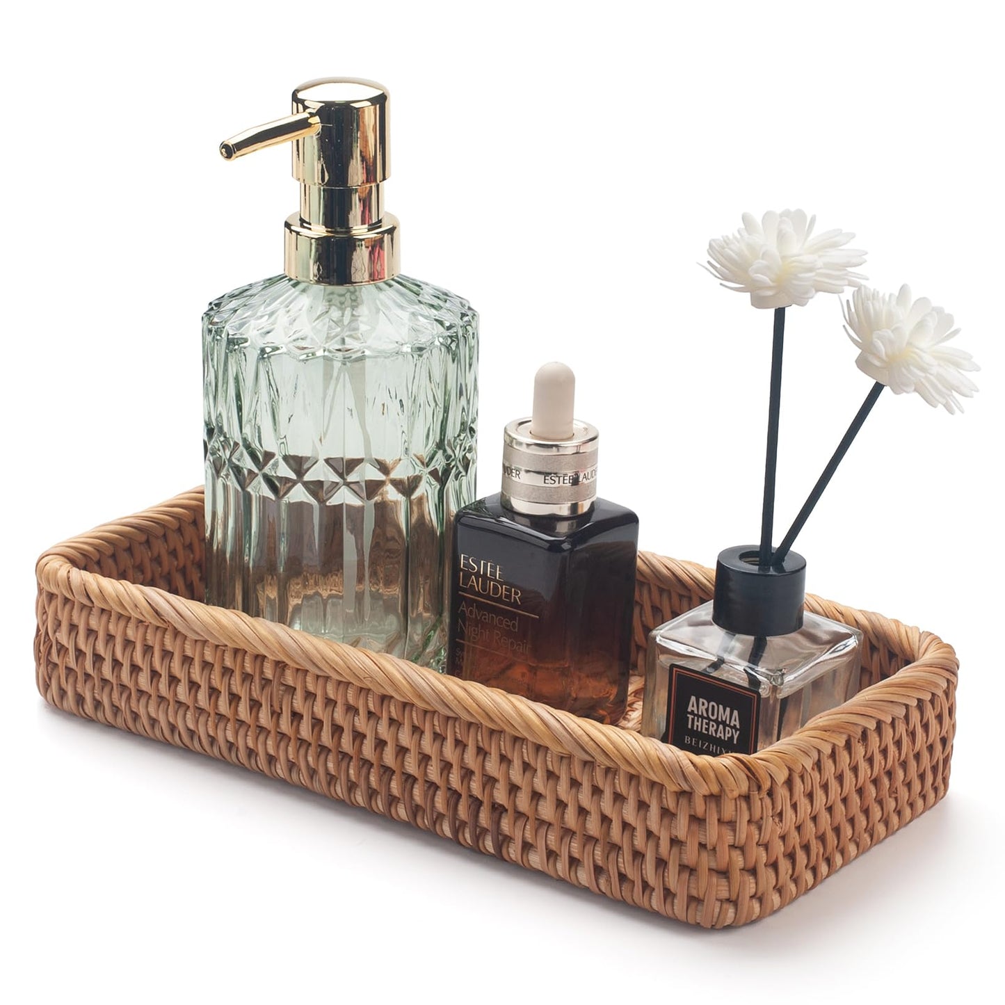 Rattan Bathroom Vanity Tray, Toilet Tank Tray, Toilet Basket Tank Topper, Bathroom Basket for Organizing and Decor (Natural, 26 x 12.5 x 4 cm)