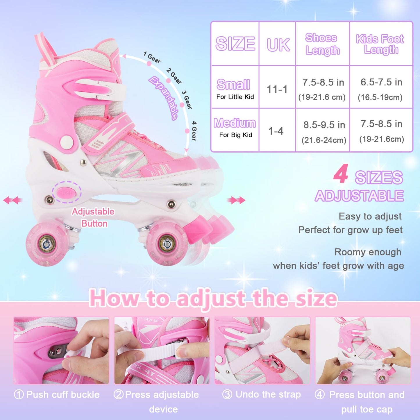 Kids Girls Roller Skates For Toddler Child Beginner, 4 Sizes Adjustable Kids Roller Skates with Light Up Wheels (Pink White, Medium)