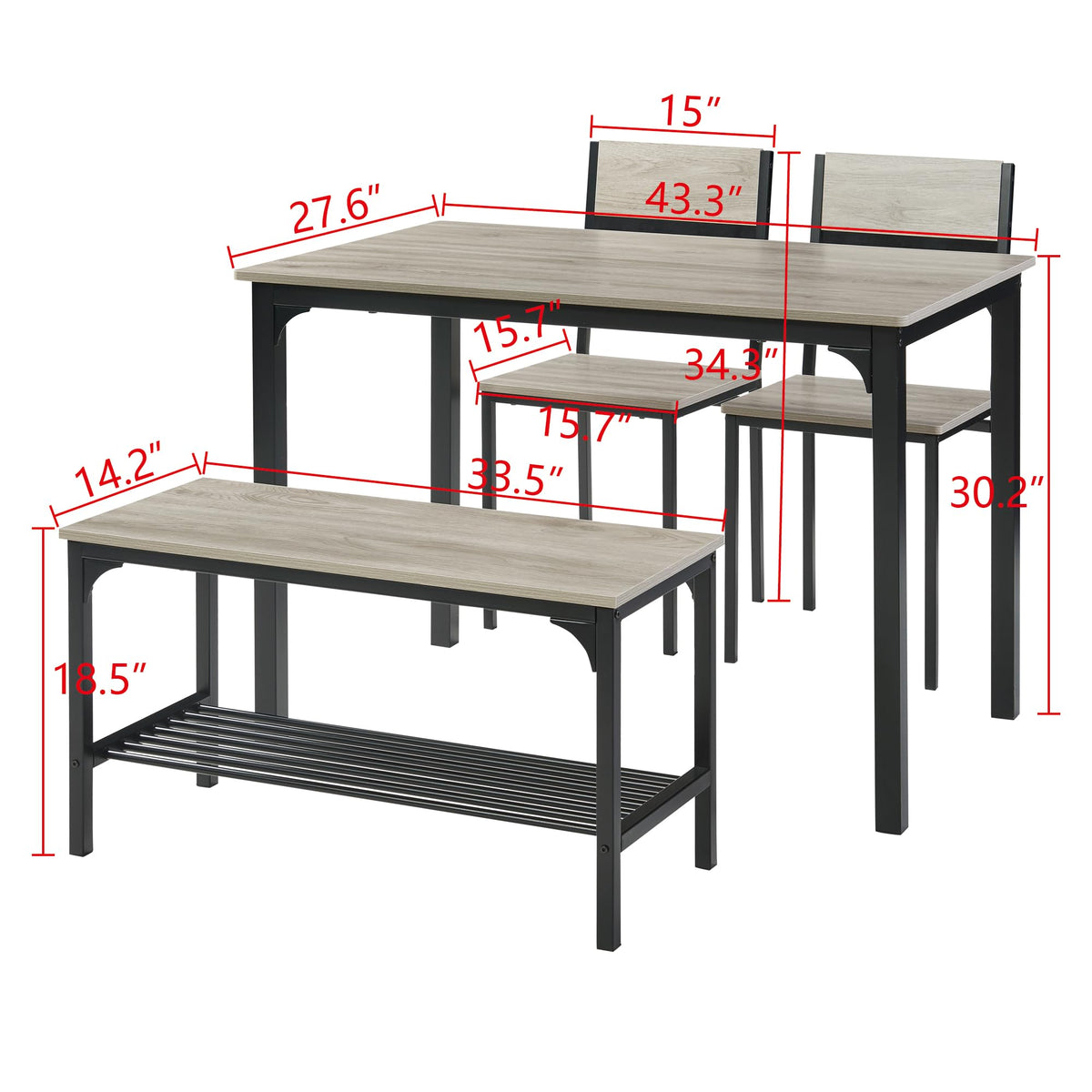 Panana 4 Seats Dining Table Set Wooden Compact Table 2 Chairs 1 Bench Set Metal Kitchen Room Furniture Grey