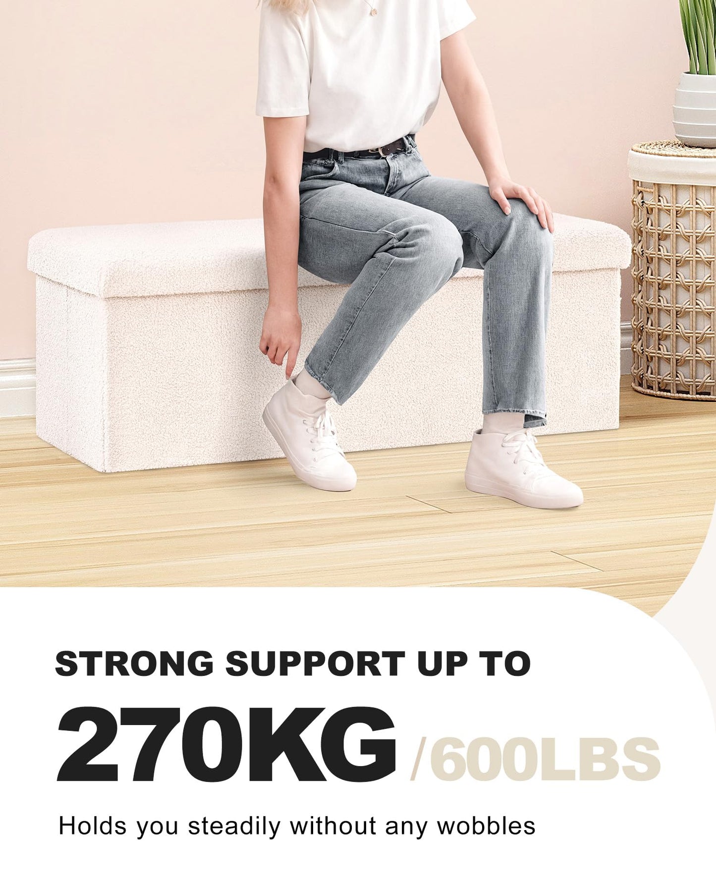 Bonlife Folding Ottoman Storage Bench,Boucle Footstool for Living Room,End of Bed Bench,Sherpa Ottomans Foot Rest,140L Storage Space,White,110x38x38cm