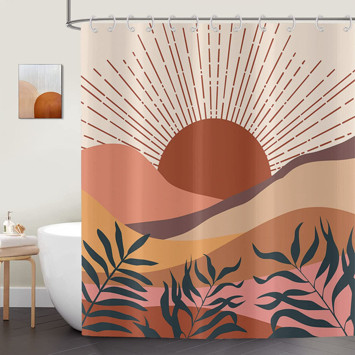 ASDCXZ Boho Shower Curtain 180x200 cm, Modern Abstract Art Sunset Leaves Beige Bath Washable Shower Curtains Polyester Textile Waterproof Shower