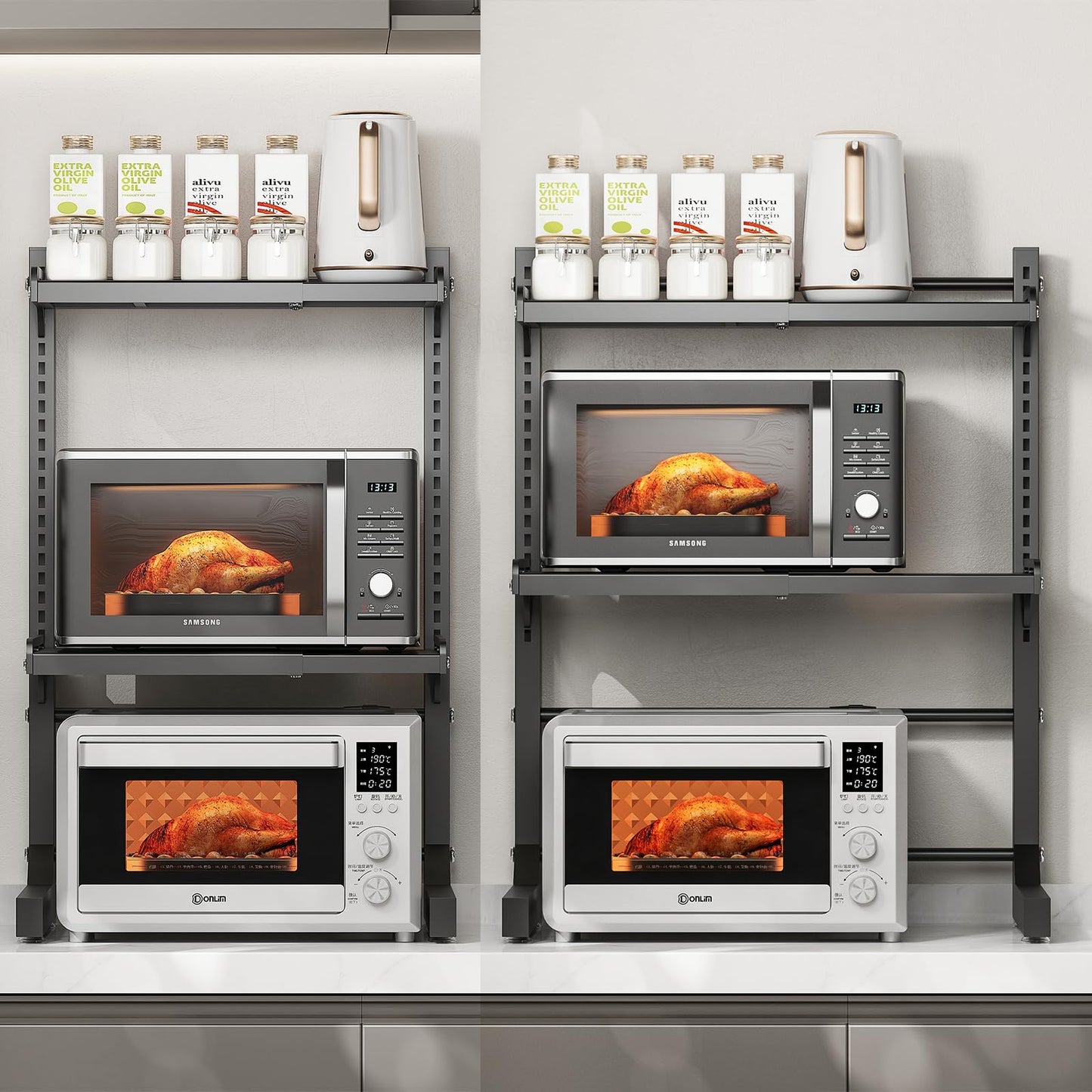 ABCOOL Retractable Adjustable 2 Axial Kitchen Baker Microwave Oven Rack, 2 Tier Expandable and Height Adjustable Carbon Steel Shelf Counter