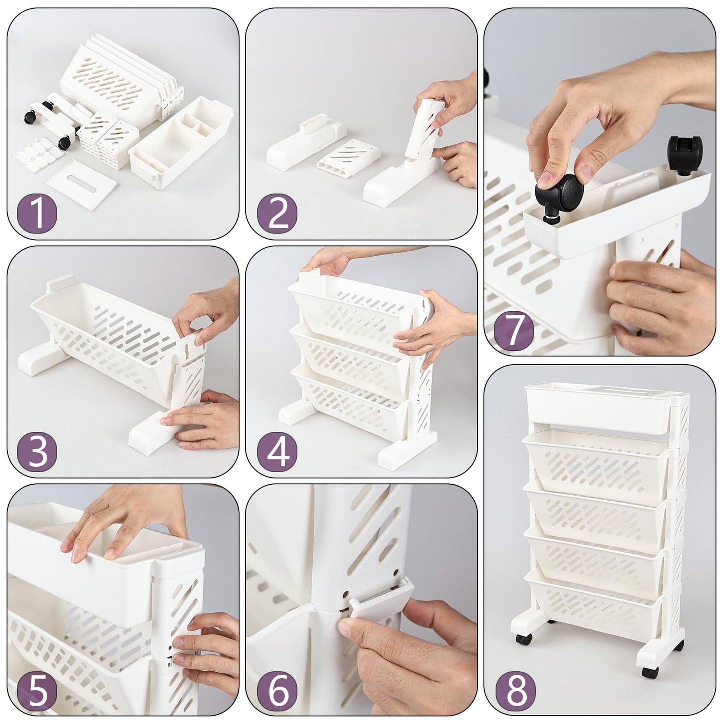 Aninhao Plastic Rolling Bookshelf, 5-Tier Small Movable Bookcase with Wheels, White
