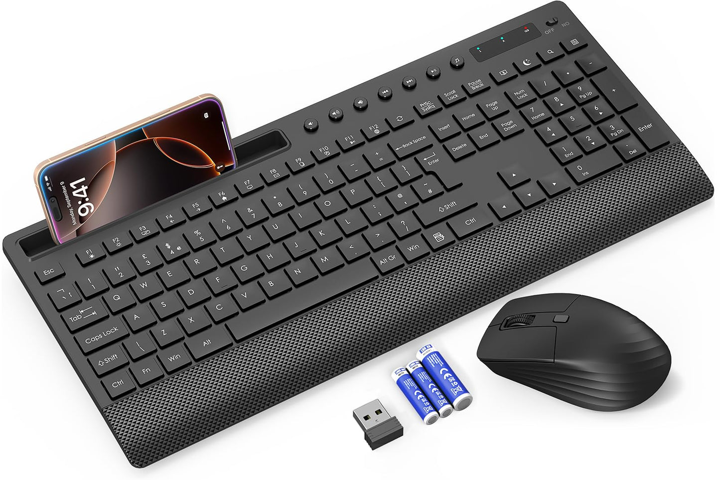 Wireless Keyboard and Mouse Combo, Full-Size 2.4GHz Quiet Keyboard with Wrist Rest, Phone Holder, Multimedia Keys, Power Switch, Cordless Set for