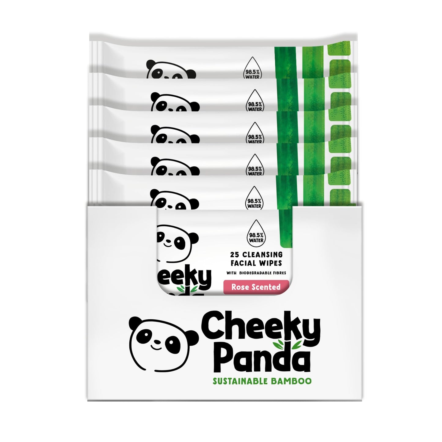 The Cheeky Panda Bamboo Face Cleanser Makeup Remover Wipes Rose Scented | 6 Packs of 25 | 99% Purified Water | Plant Based & Vegan | Sustainable
