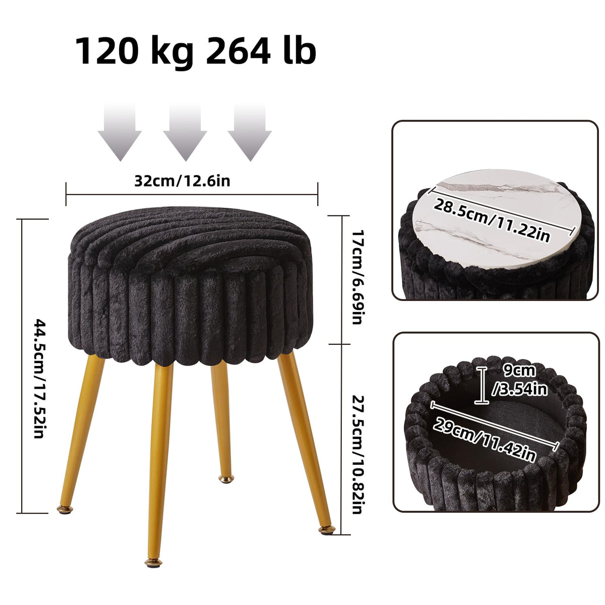 Aibiju Dressing Table Stool with Storage, Footrest Stool, Makeup Vanity Chair with 4 Metal Legs, with Anti-Slip Feet, for Makeup Room, Bedroom