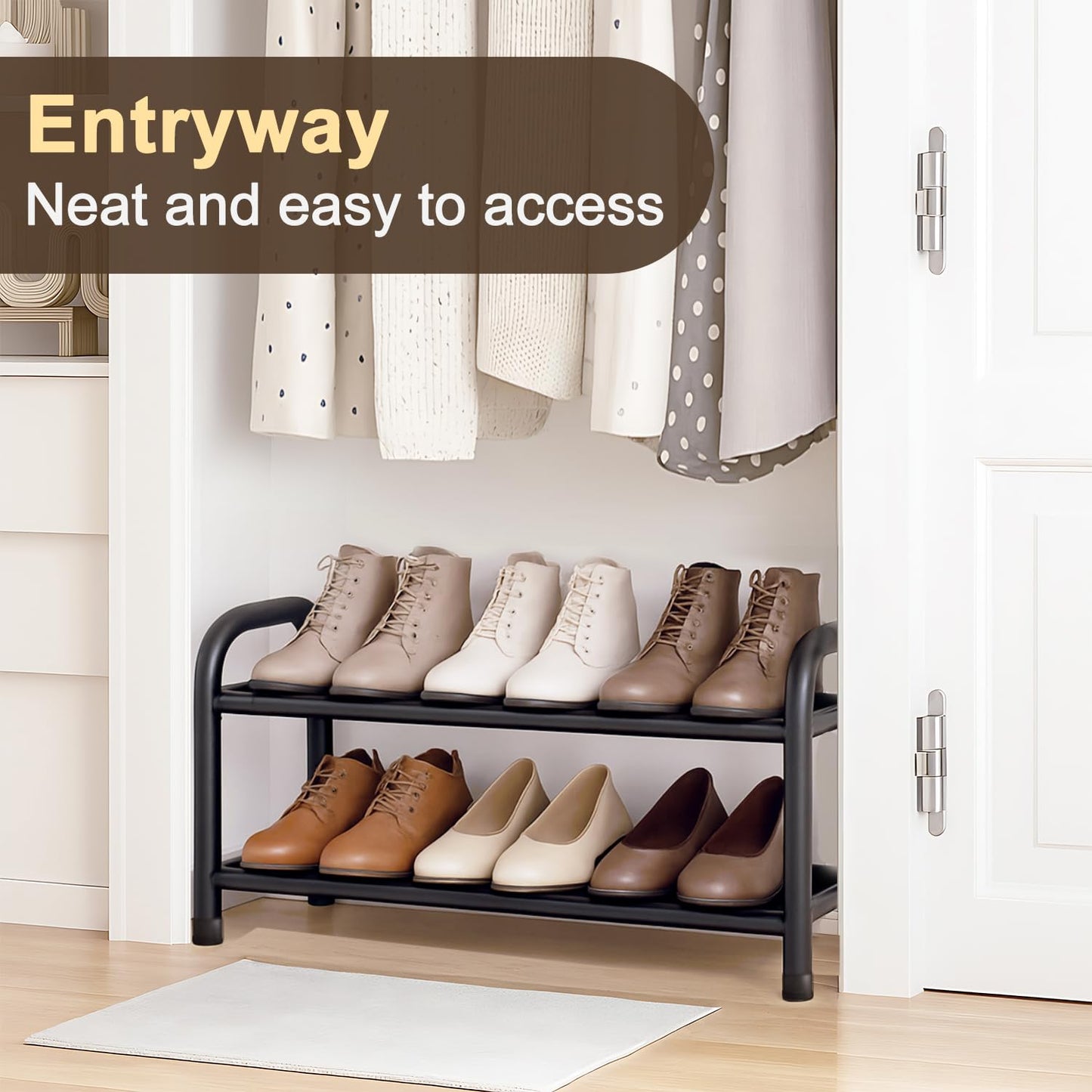 MIKVOYO 2 Tier Extendable Small Shoe Rack, Black Metal Adjustable Shoe Storage Racks for Inside Wardrobe Closet, Narrow Spaces, Hallway, Bedroom