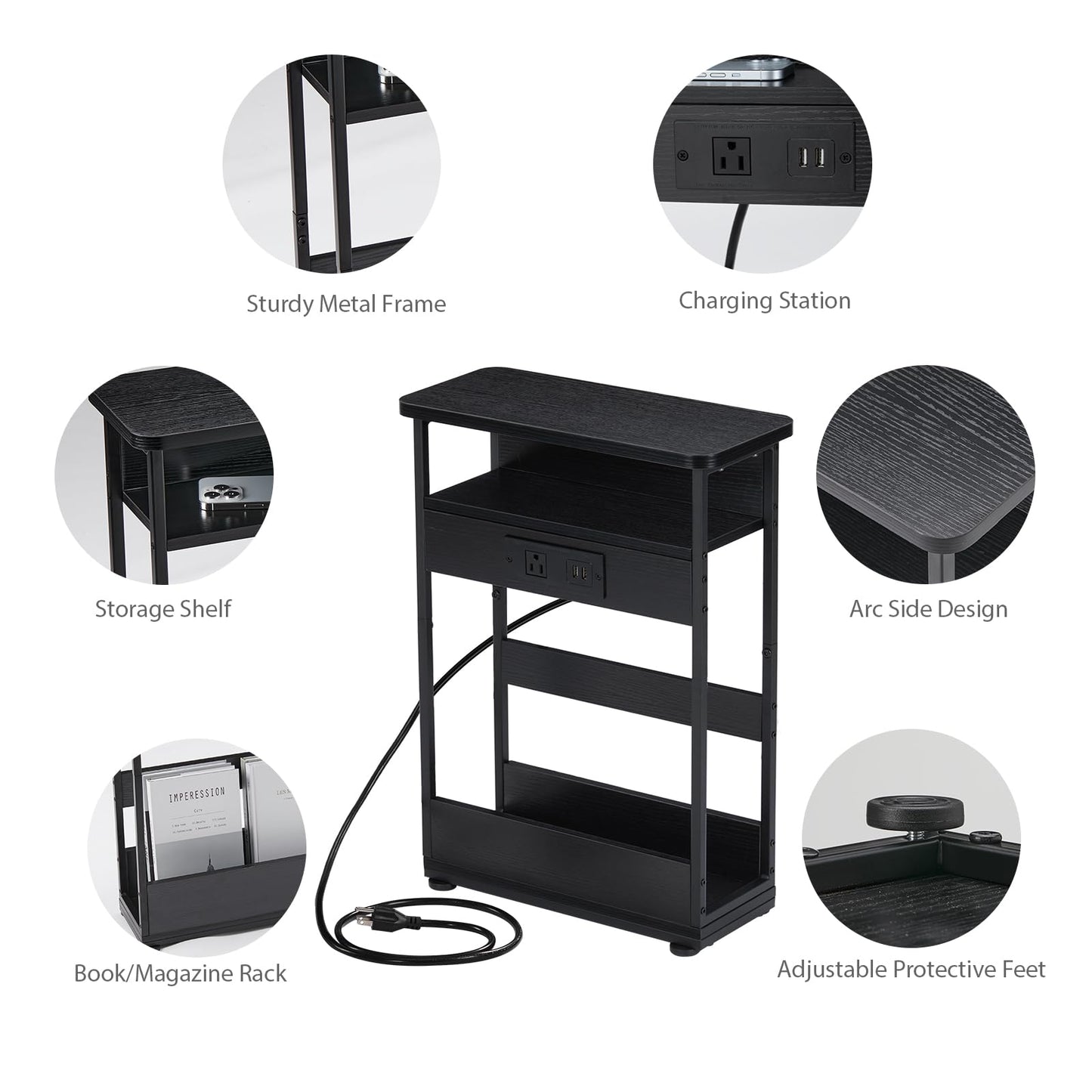 YEAKOO Narrow Side Table with Charging Station, 3-Tier End Table with 2 USB Ports & Power Outlets,Thin Sofa Side Table for Narrow and Small Spaces,