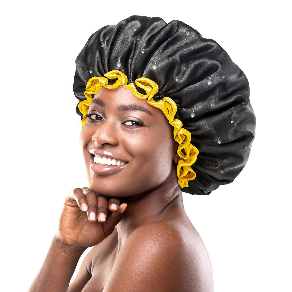 mikimini Extra Large Black Shower Cap for Women and Men, Reusable Waterproof Bath Cap for Thick Long Hair Braids, Double-Layered XL Hair Hats with